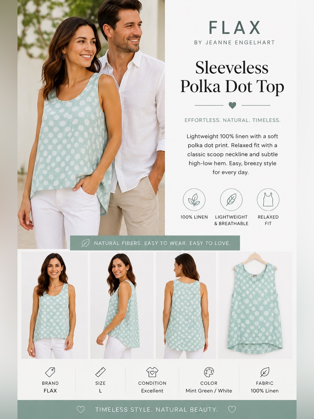 FLAX Jeanne Engelhart Linen Polka Dot Lagenlook Tunic Tank Top Aquamarine L - Picture 8 of 8